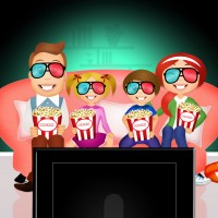 family watches movies in 3d
